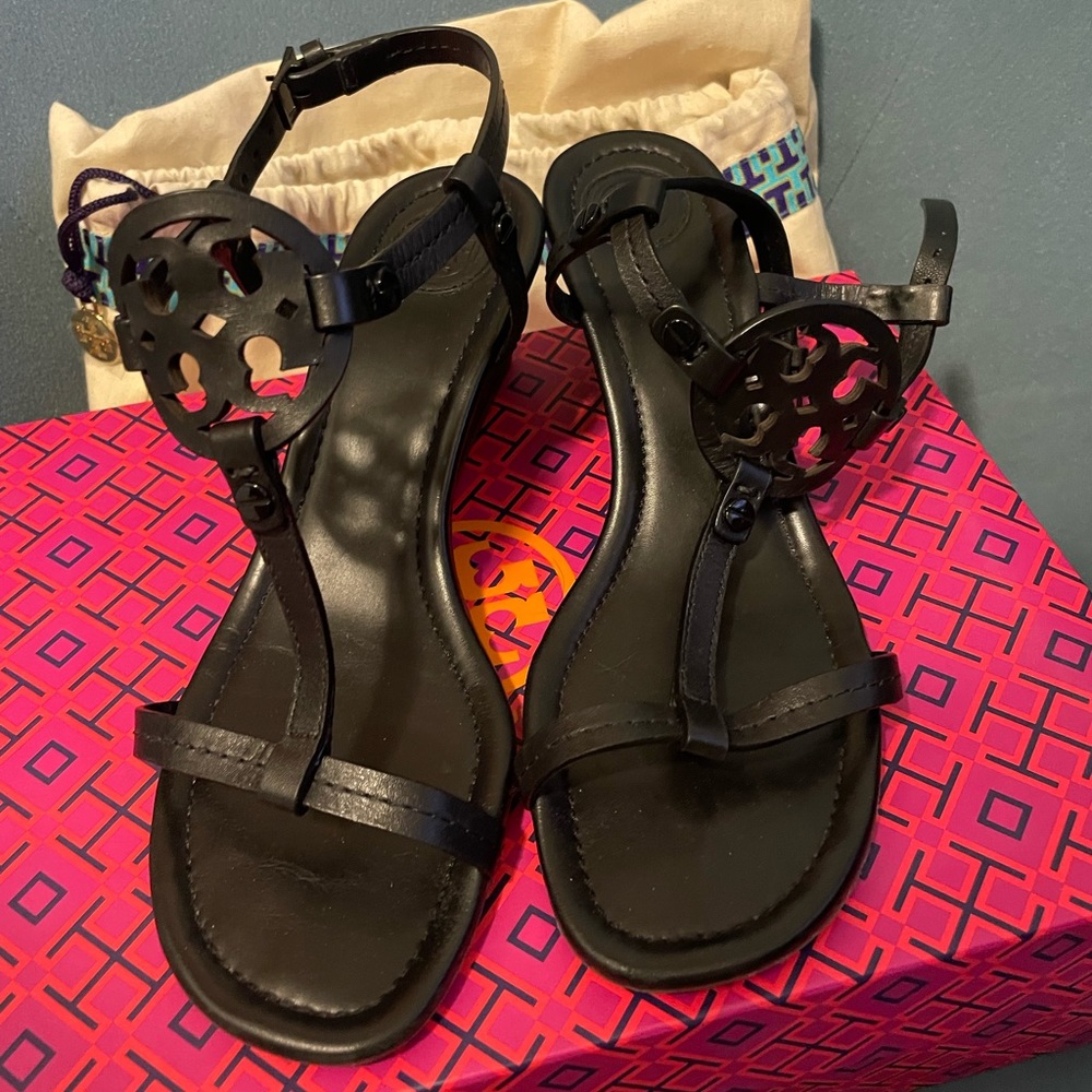 Tory Burch Black Leather T-Strap Wedge Sandals